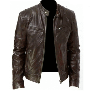 Men’s Zip-up Cardigan PU Leather Jacket Fashion Pockets Stand Collar Short Tops Clothing